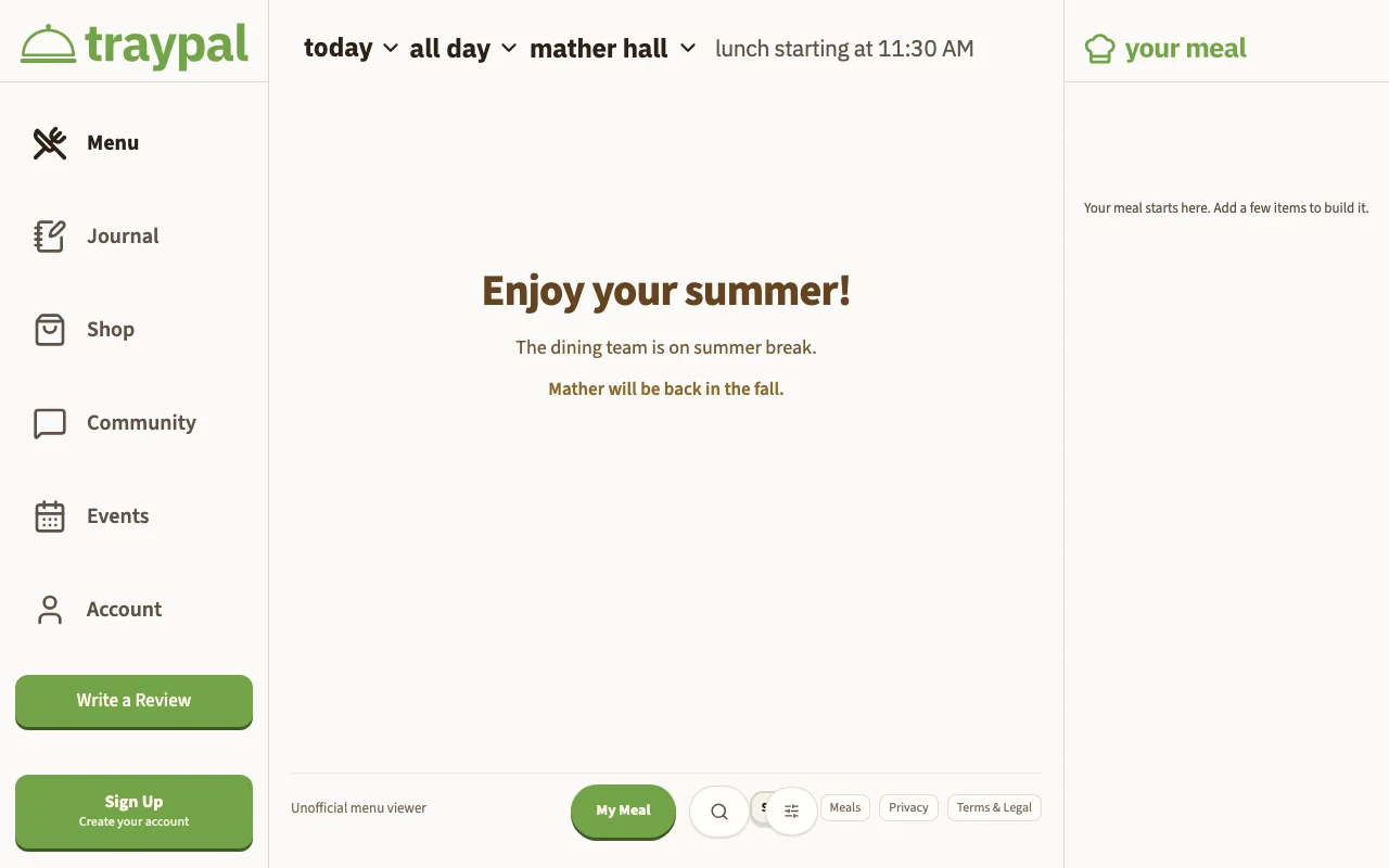 TrayPal menu screen